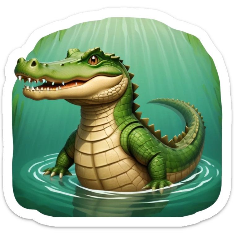 cinematic-crocodile-realistic-full-body-lounging-emoji,-massive-scaled-body-partially-submerged-in-shallow-water,-head-tilted-dramatically,-rough-green-and-brown-hide-textured-with-deep-ridges,-simplified-yet-realistic-focused-features, head held high sticker