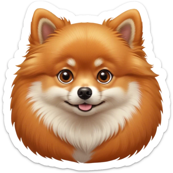 Cinematic Cute Orange Pomeranian Portrait Emoji, Head tilted playfully and inquisitively, featuring a luscious, fluffy orange Fur with a natural sheen, round, sparkling brown eyes filled with curiosity, Simplified yet irresistibly adorable features, highly detailed, glowing with a warm, friendly glow, high shine, affectionate and lively, stylized with a touch of whimsy, bright and endearing, soft glowing outline, capturing the essence of a mischievous yet loving pup, so playful it feels like it could scamper out of the screen and into your arms! sticker