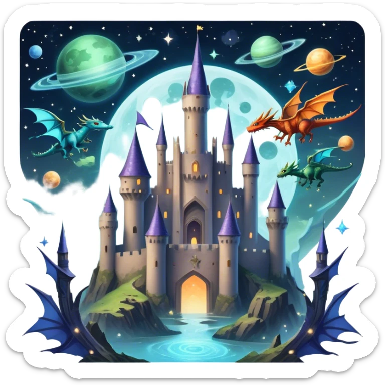Icon for Fantasy and Sci-Fi Movies: A magical collage with flying dragons and futuristic spaceships. Stars and planets shimmer in the background with a mystical castle Hogvards and an ancient wizard holding a staff. The atmosphere is epic, otherworldly and adventurous. Transparent background. sticker