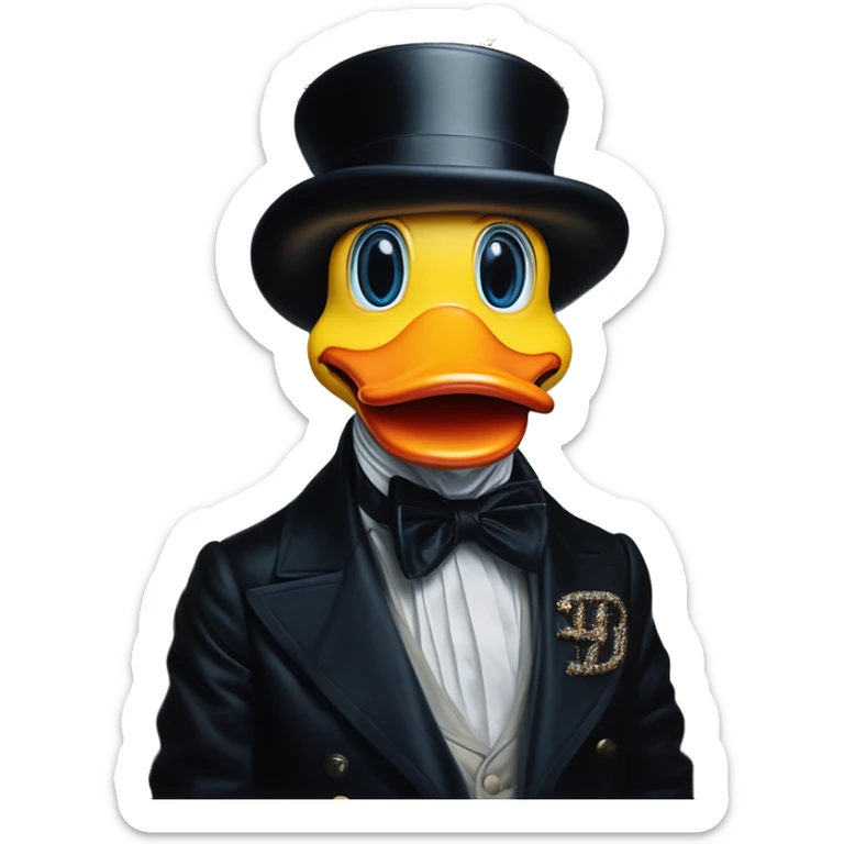 Uncle Scrooge Rubberduck in Dior Gucci Hermes, oil paint, mysterious eyes, intricate lips, masterpiece portrait , odd perspective, beautiful, desirable, logical sticker