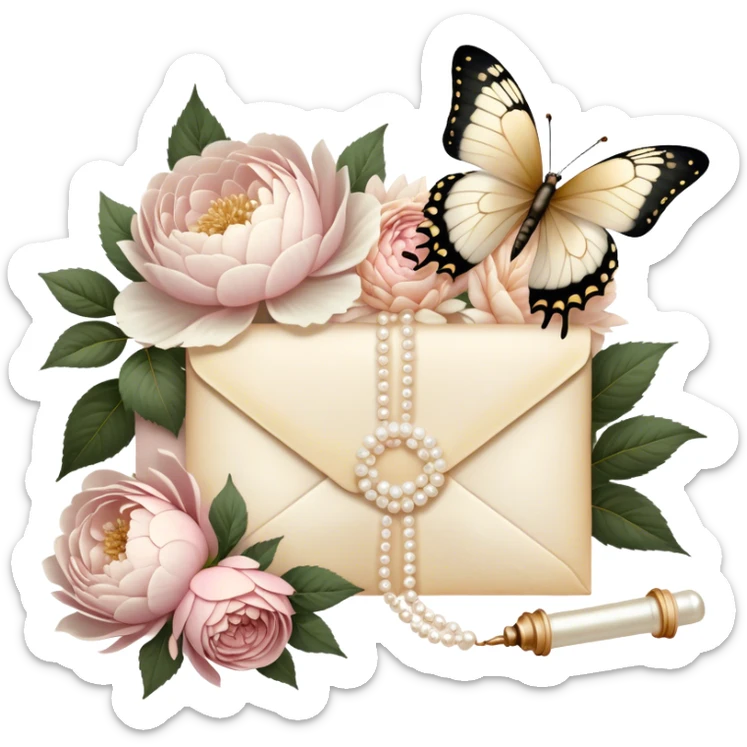 An antique love letter bundle, tied with an ivory silk ribbon, accompanied by dried blush pink roses, white peonies, and dahlias, with a pearl butterfly seemingly admiring the golden calligraphy.
 sticker