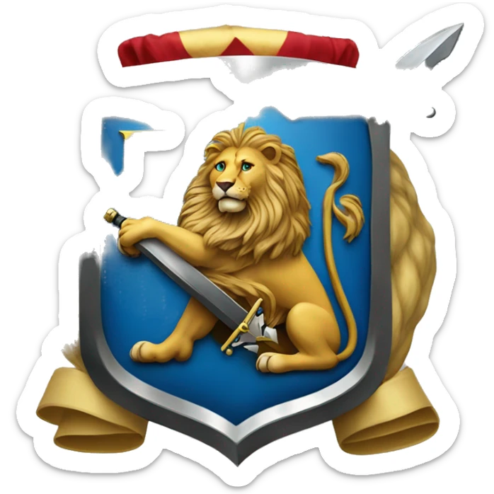 A coat of arms showing a sword and a lion in the background and a large letter B placed in the middle. Use colors such as black, blue, gold, and silver  sticker