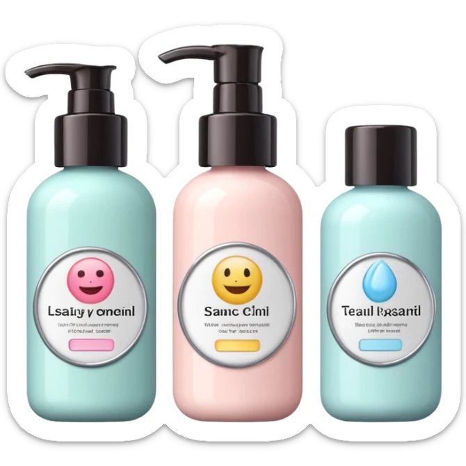 emoji of three different beauty products, with labels, minimalistic but luxury design (realistic), pastel colors sticker