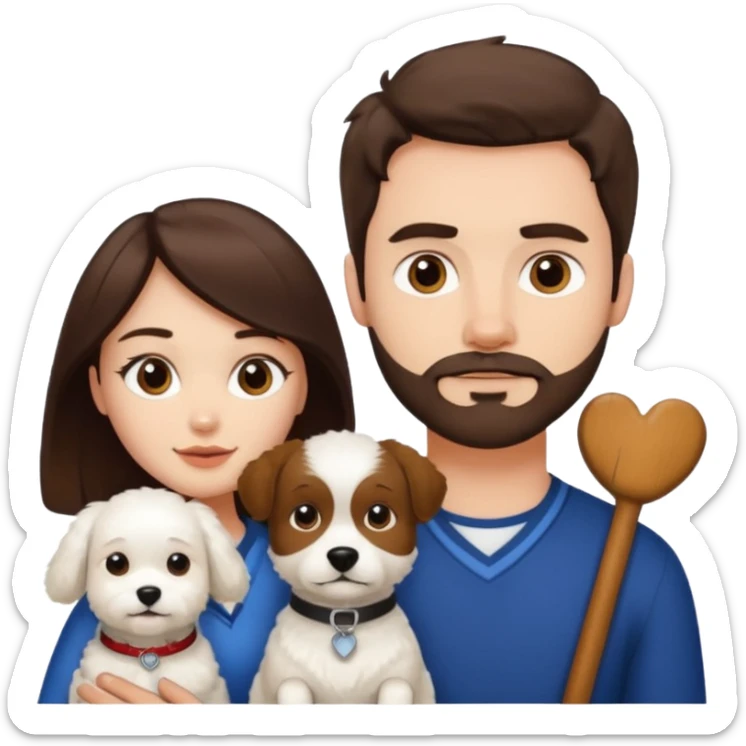 scottish man with stubble, brunette woman and white fluffy dog sticker