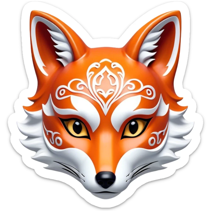 ​Cinematic Realistic Japanese Kitsune Mask, depicted as an intricately carved fox mask with flowing, delicate features and vivid traditional patterns, its mysterious eyes set against a softly blurred background that emphasizes its mystical allure and cultural significance, rendered with detailed textures and refined lighting, sticker