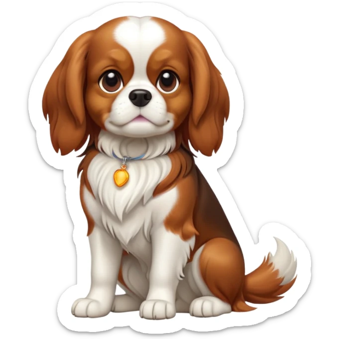cinematic-[cavalier king charles dog]-realistic-full-body-sitting-emoji,-tail-resting-loosely-beside-its-paws,-head-tilted-dramatically,-sleek-[brown and white]-fur,-simplified-yet-realistic-focused-features,-highly-detailed,-glowing-with-an-almost-sarcastic-glow sticker