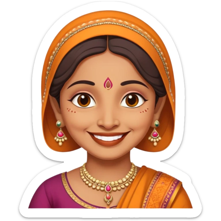 A cheerful Indian aunt (mausi) character with a plump face, smiling, wearing traditional Indian clothing and a bindi sticker