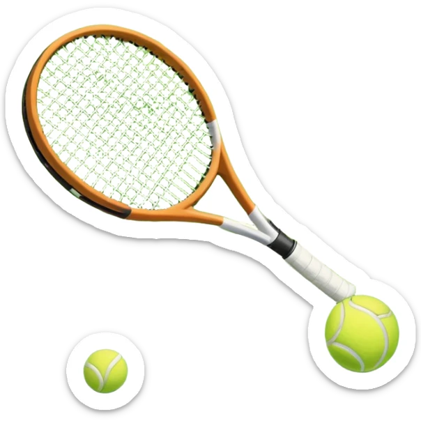 A tennis racket and ball positioned on a grass court, with the net and lines clearly visible in the background. The scene emphasizes the classic elements of the sport, capturing the energy and precision of a tennis match. sticker