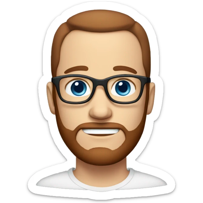 white dude, blue eyes, dark red hair, receding hairline, glasses, beard sticker