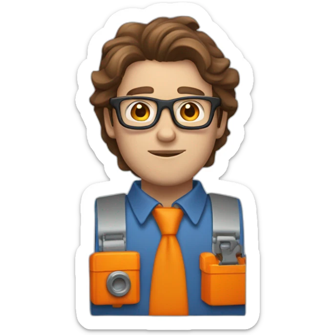 a guy with brown hair, square glasses, an orange repairman's suit, blue eyes, with a chainsaw sticker