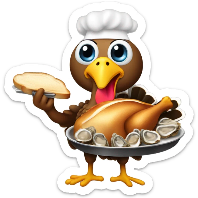Turkey holding burning slice of toast and pan of oysters sticker