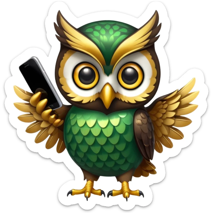 Black Green golden owl with shiny feathers. Holds a phone in the wing sticker