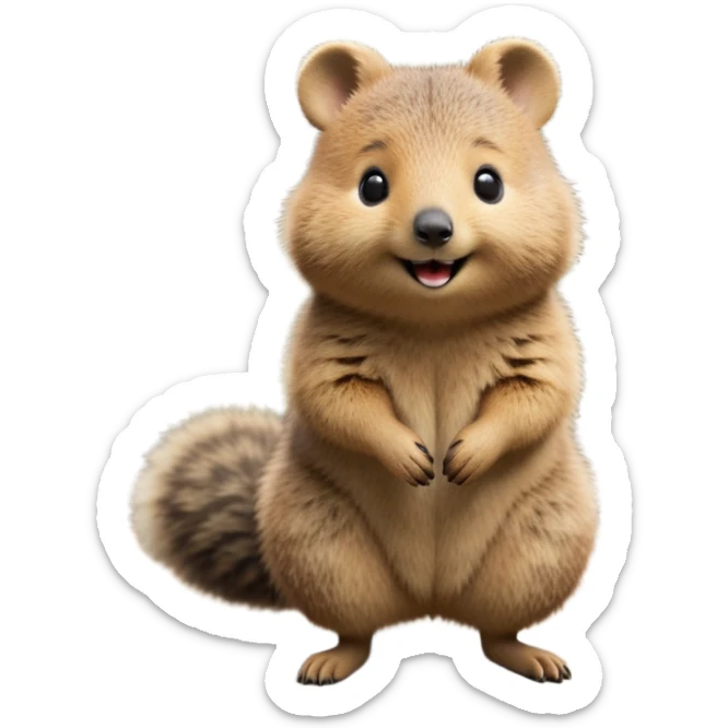 cinematic-quokka-realistic-full-body-standing on its hind legs hunched over-emoji,-small-round-frame-balanced-on-tiny-strong-hind-legs,giant fluffy cheeks large smile-fluffy-brown-fur-radiating-a-warm-softness,-big-round-eyes-filled-with-joy-and-innocence,-tiny-clawed-paws-held-close-to-chest,-cheerful-smile-exuding-endearing-happiness,-simplified-yet-realistic-focused-features,-highly-detailed,-glowing-with-a-sunny-warmth sticker