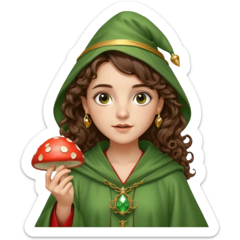 very beautiful italian girl, dark brown eyes, looking like Emma Watson, with curly and big volume very bright brown hair, and a golden piercing ring in nose on left side, dressed in a beautiful wizard robe of green colors, holding red fly mushroom sticker
