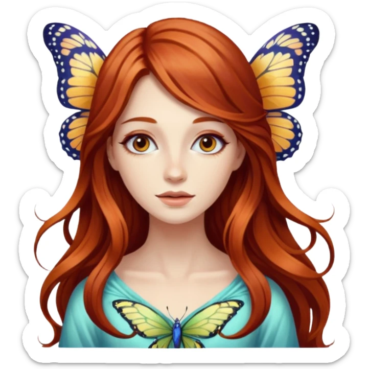 Woman with long flowing auburn hair wearing a butterfly sticker