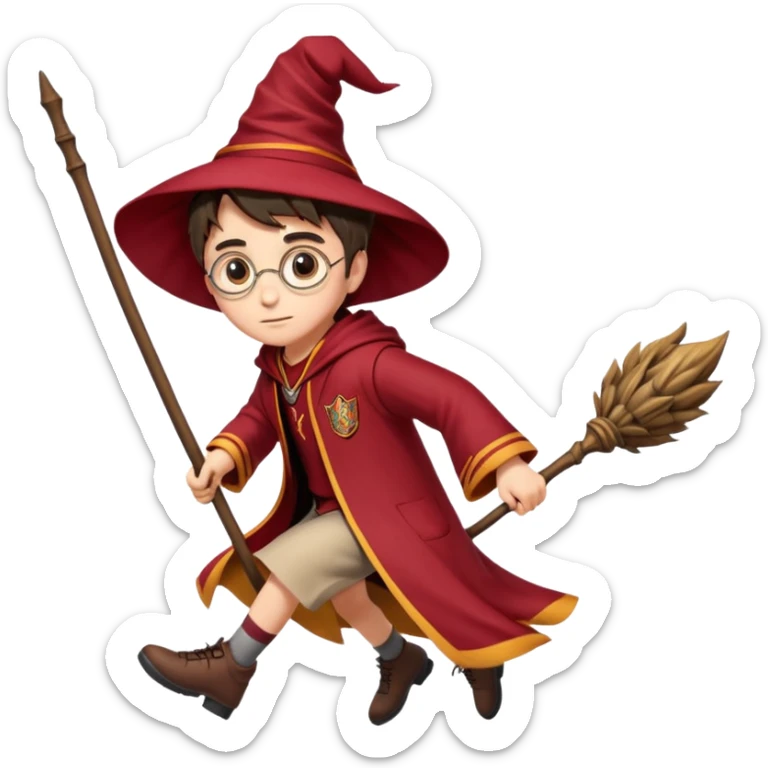 Cartoon-style illustration of Harry Potter flying on a broomstick, Gryffindor red and gold outfit, expressive face, dynamic motion, magical vibe, smooth shading, vibrant colors, no background, transparent background, isolated character. sticker