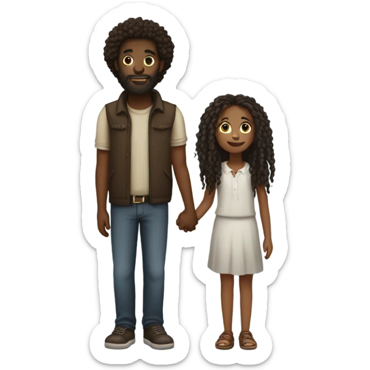 tall Darkskin man with dreads and a beard  holding hands with a short brown girl with curly hair sticker