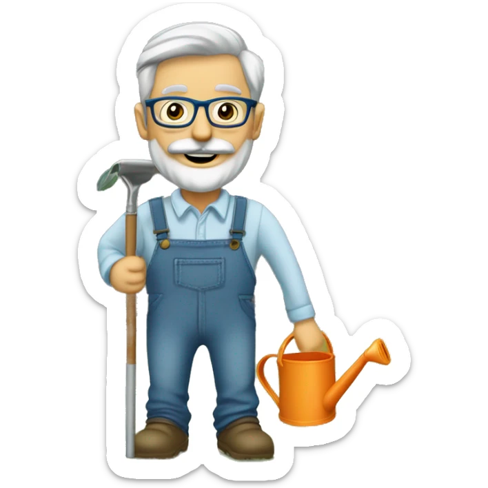 I want a cartoon graphic for a man, with a belly, square face, grey hair, grey thin beard, thin mustache, rectangular eyeglasses, moutg opened, wearing blue jeans, watering the soil with a watering can, outdoor, a glass building behind. sticker