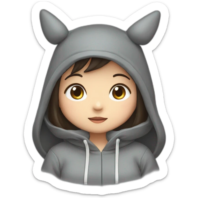 Fille Brune avec un sweat-capuche Totoro gris foncé avec les rond clair de Totoro sur ventre  sticker