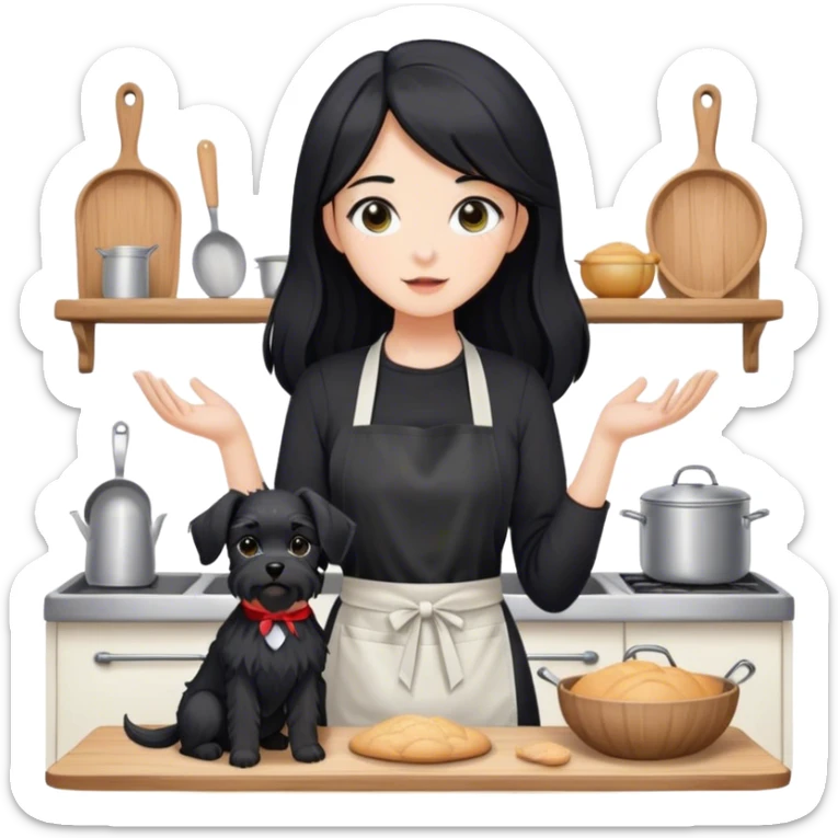 pale girl with long black hair wearing black long sleeve tshirt wearing apron and baking holding black floppy ear schnauzer sticker