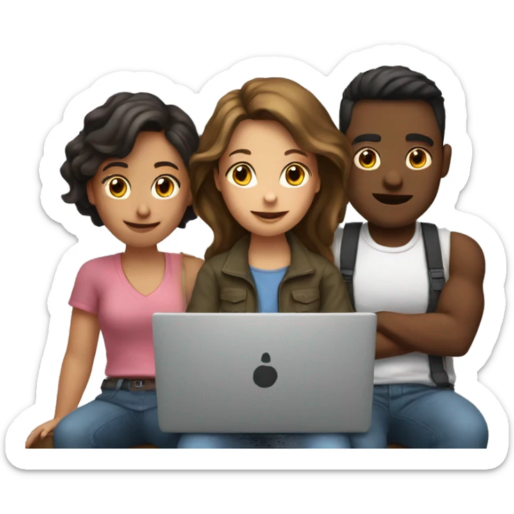 2 girl and 3 man each of them holding laptop and sit together  sticker