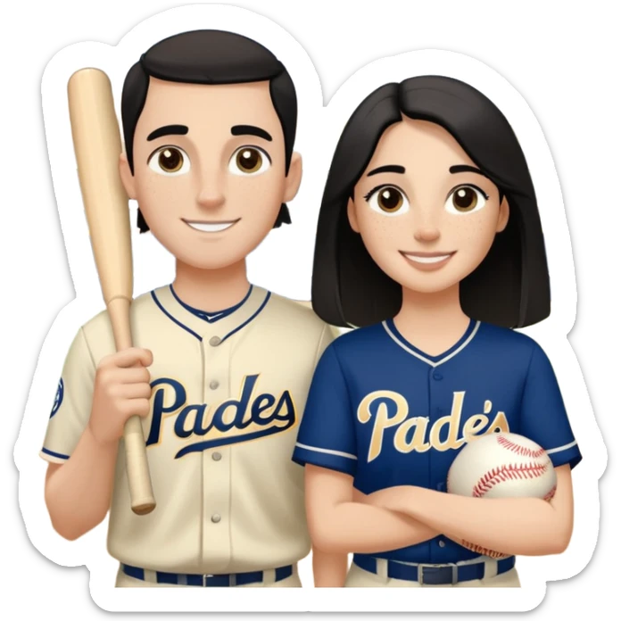 White Smiling couple. Girl has medium cheeks and a lot of freckles on the nose. Long hair. The boy has black short hair and prominent eyebrows with egipcian nose. Both are wearing “Los Padres” baseball jerseys and with a sign that says “Go Padres” sticker