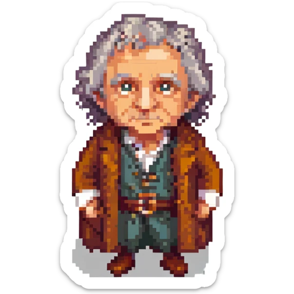 Whole body image of bilbo baggins from the lord of the rings the fellowship of the ring movie in pixel art style. Bilbo is old. Make Bilbo look like the actor that portrayed him in the movie, Ian Holm. sticker