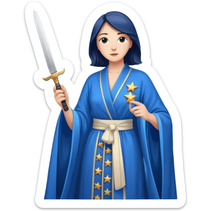 An upright Europe (a tall woman), wearing a blue, flowing robe with stars on the hem, and behind her stands Chancellor Merz, holding a knife toward her back sticker