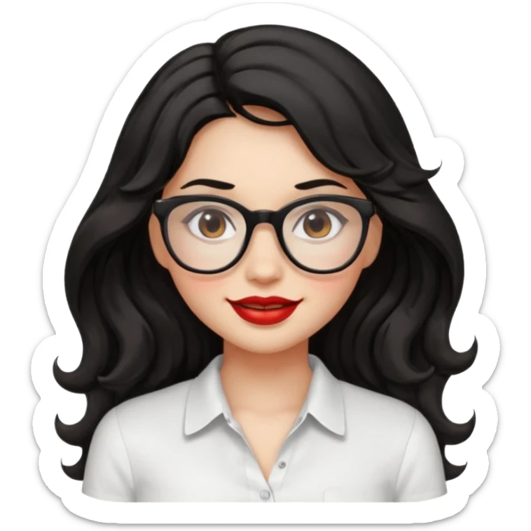 וחולצה קצרה חזה מובלט וחולצה בצבע לבן ואישוני עייים בצבע שחור, ואישוני עיינים בצבע שחור, ילדה עם שער שחור ארוך וגלי אבל לא יותר מידי מתולתל, אישונים שחורים, משקפיים,שפתיים אדומות ועסיסיות אבל לא יותר מידי,עם,לחיים עם הרבה סומק,מחייכת sticker