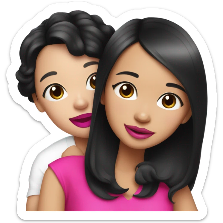 Thick medium black hair with hot pink lips and pink cheek smiling Filipino lady hugging black and white Chihuahua  sticker