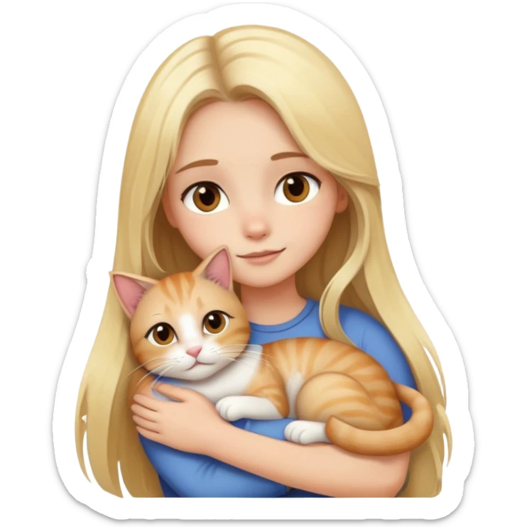 blondie girl with long hair and brown eyes hugging a cat sticker