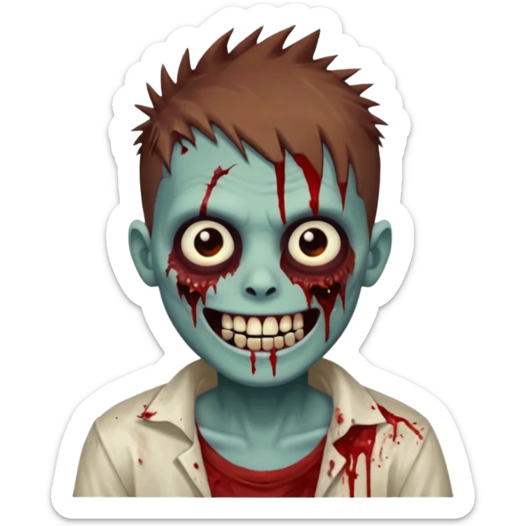 zombie boy with brown short spiky hair, white skin, and white eyes; an open smile, and bloodied teeth; sticker