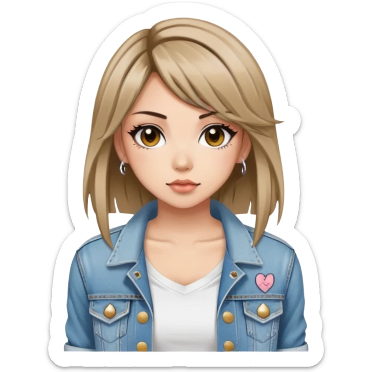 hime gyaru girl, tattoos, short brunette straight hair, white v neck tee with grunge jean jacket sticker
