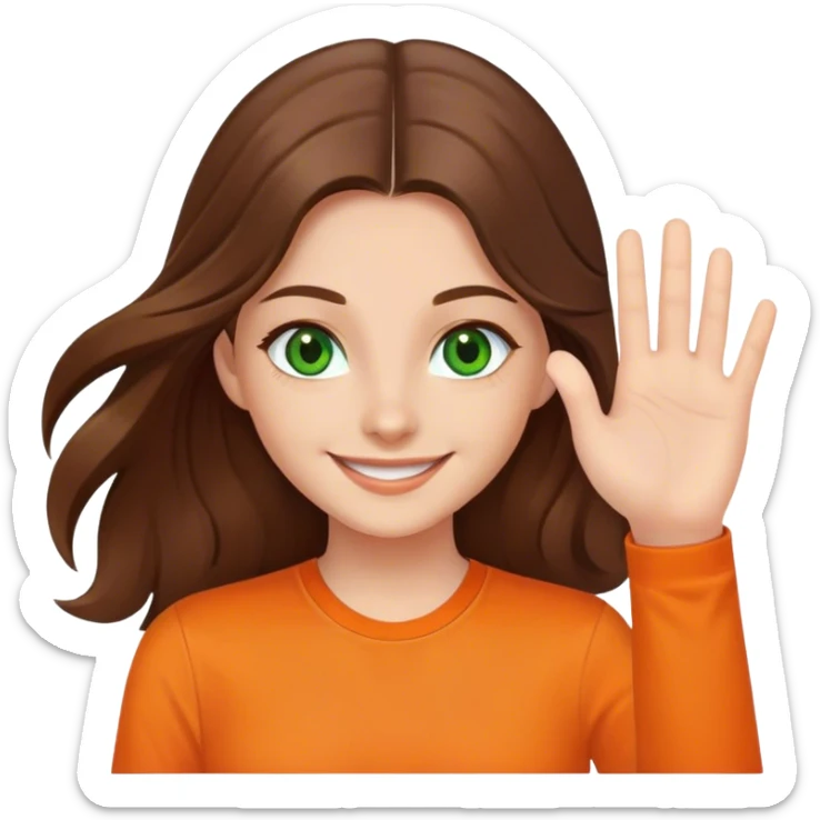 smiling girl with long brown hair, middle hair split, waving, green eyes, orange shirt sticker