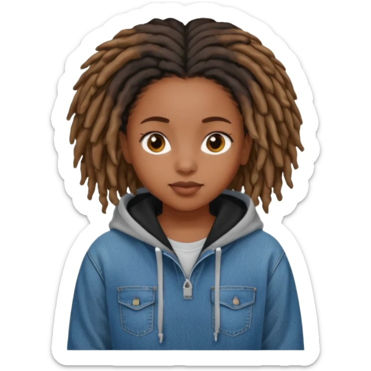 make a black girl with short locs wearing a denim hoodie with black sleeves sticker