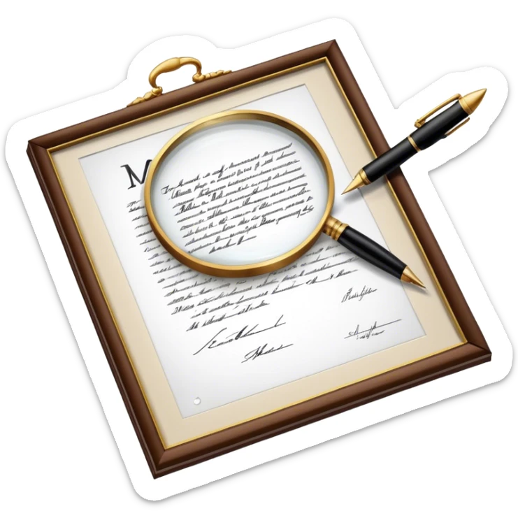 Icon for Autograph Collecting: a signed piece of paper or book page with a famous signature, surrounded by a pen, a magnifying glass, and a collection of framed autographs. Transparent background. sticker