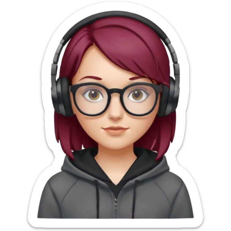 white girl with burgundy hair, gray squared-glasses, black deportive hoodie and black headphones sticker