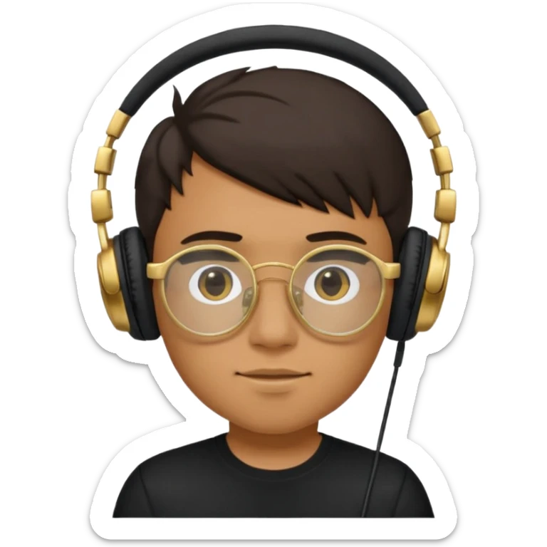 Un chico usando una camisa negra y audífonos, junto con sus lentes puestos de marco dorado. Diciendo GG arriba de su cabeza! sticker
