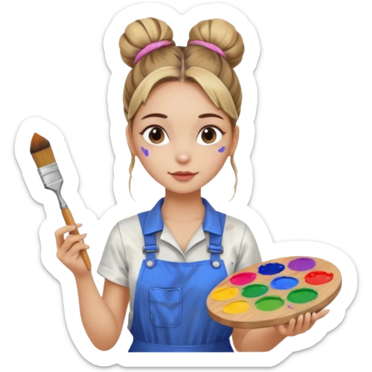 beautiful girl with a bun on her head in a jumpsuit with paint stains, holding a palette and a brush in her hands sticker