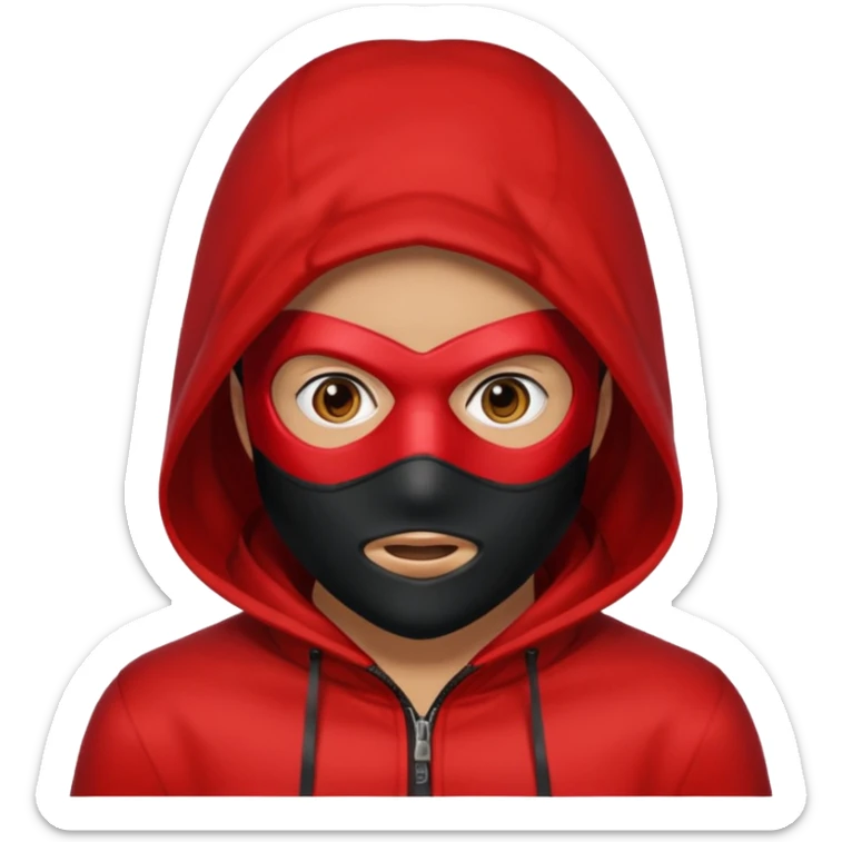 Q person with a red hood on and a black mask with a white square in the middle  sticker