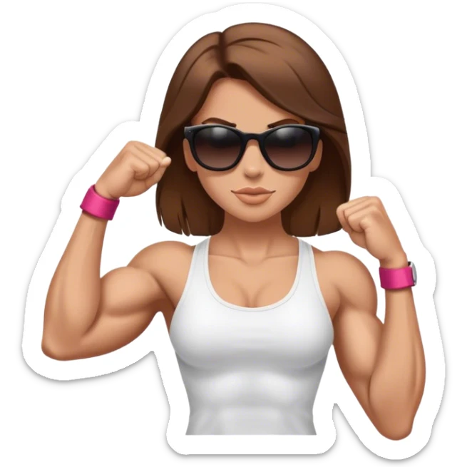 brown hair white girl super muscular posing with biceps muscles showing and wearing sunglasses sticker