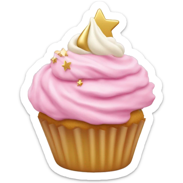 pink frosted cupcake with a swirl of cream and a tiny gold star on top sticker