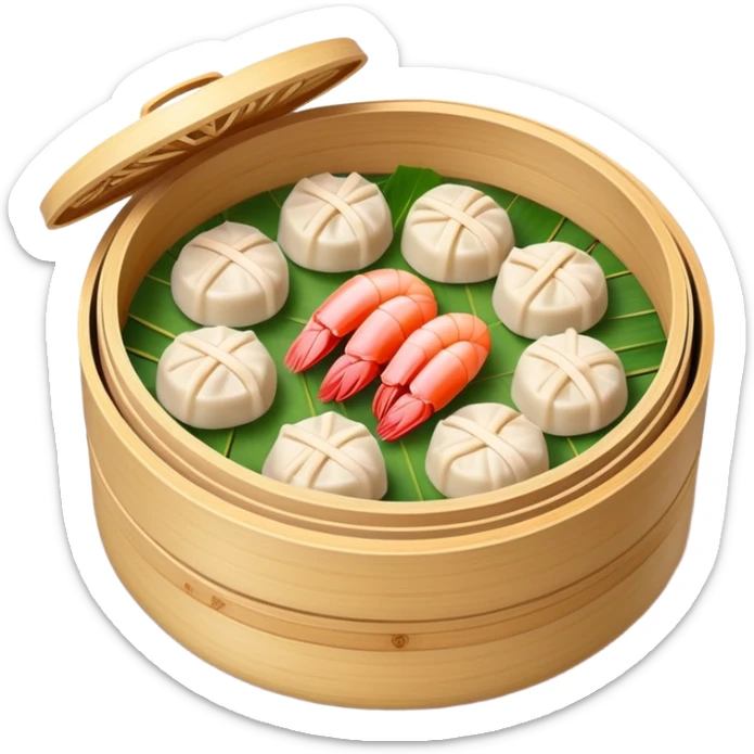 Cantonese dim sum bamboo steamer with shrimp dumplings, simplified emoji style with bold outlines and bright colors, cartoon style Chinese dim sum sticker
