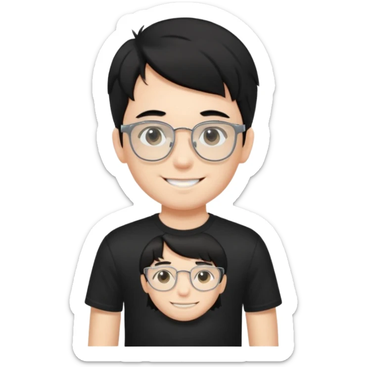 a boy wearing black t-shirts with the letters 'EDG', has fluffy short black hair and silver rectangular glasses sticker