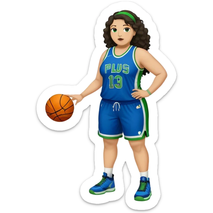 full body plus size light skin latino women basketball player with wavy dark hair large wide nose wearing blue with green uniform sticker