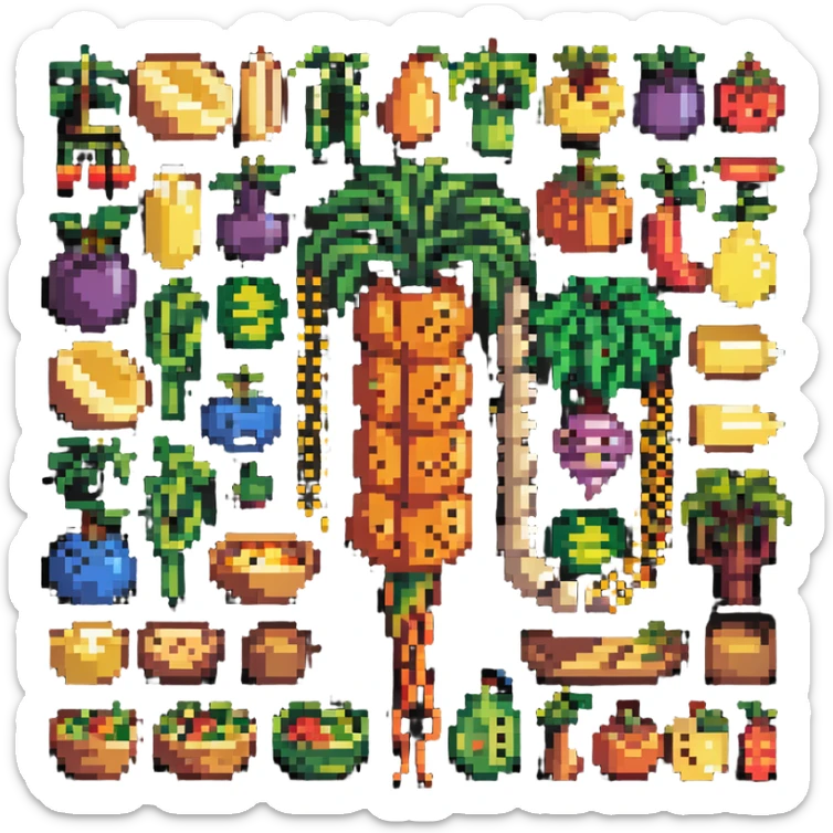 Pixel art of dietary fiber showing whole grains, vegetables, fruits and legumes connected by fiber strands, with an intestine character showing improved digestion sticker
