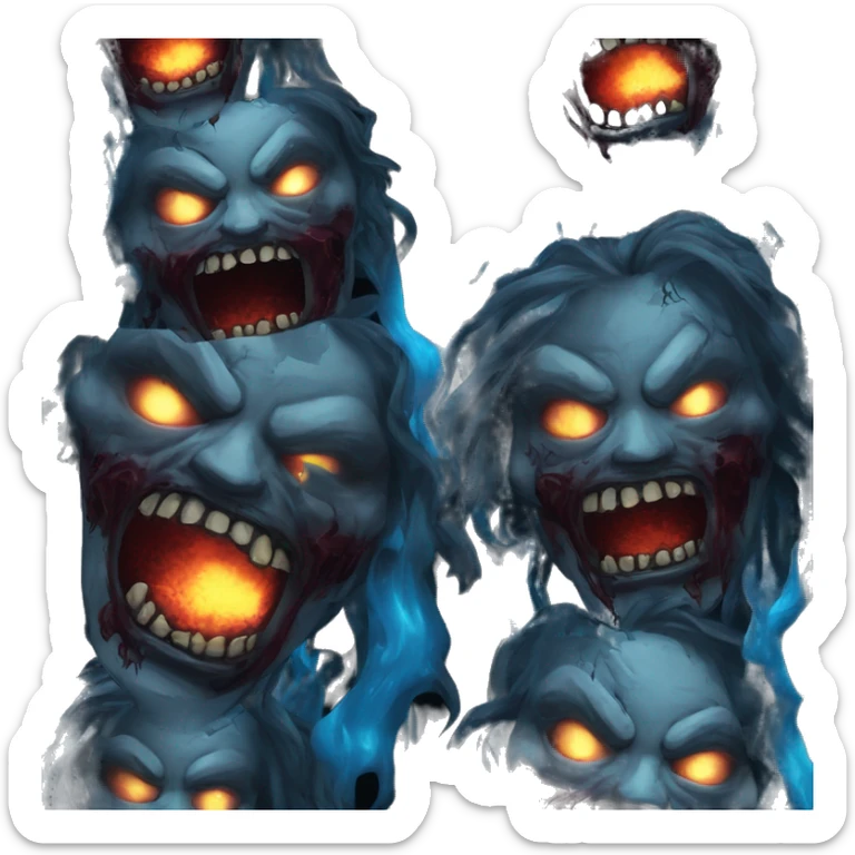 Dark black gray silver maroon fire zombie face l face photograph detailed blue flames in mouth blue glow sticker