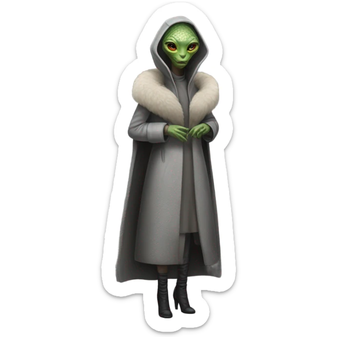 a Reptilian alien woman, in gray dress, in fur coat, full body sticker