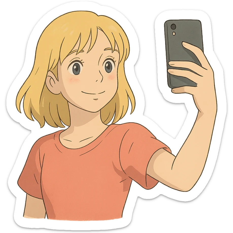 ghibli style illustration of a blonde girl taking a selfie with soft colors sticker