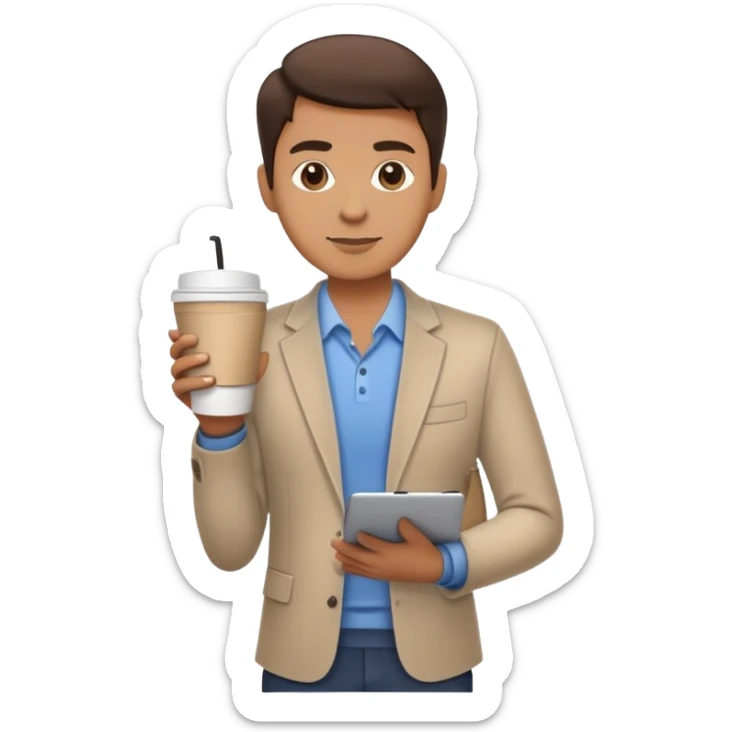 business owner standing confidently, holding a closed laptop in one hand and a takeaway coffee cup in the other. The character wears casual-smart clothes. sticker